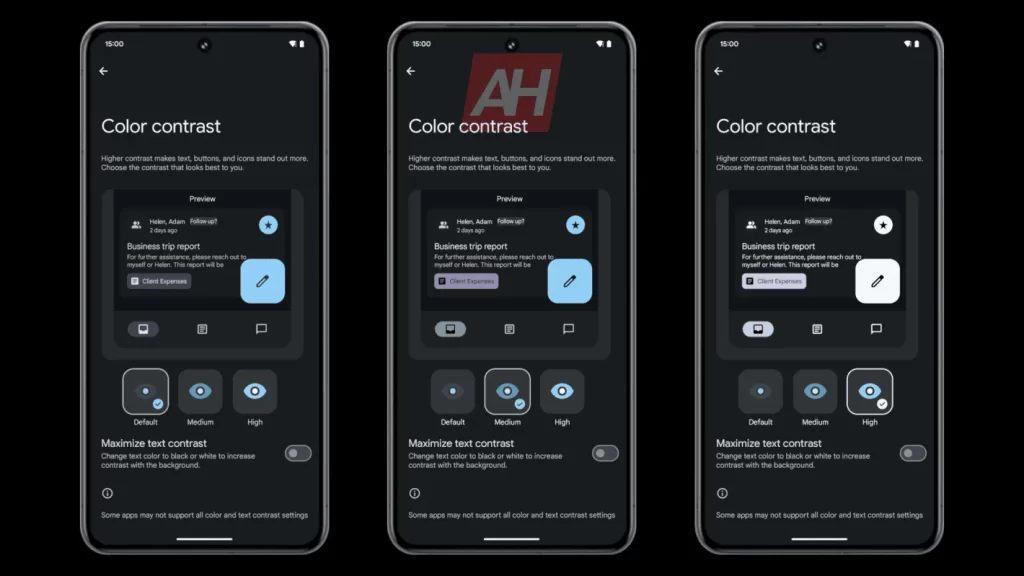 Slider Contraste de color beta Android 14 desactivado